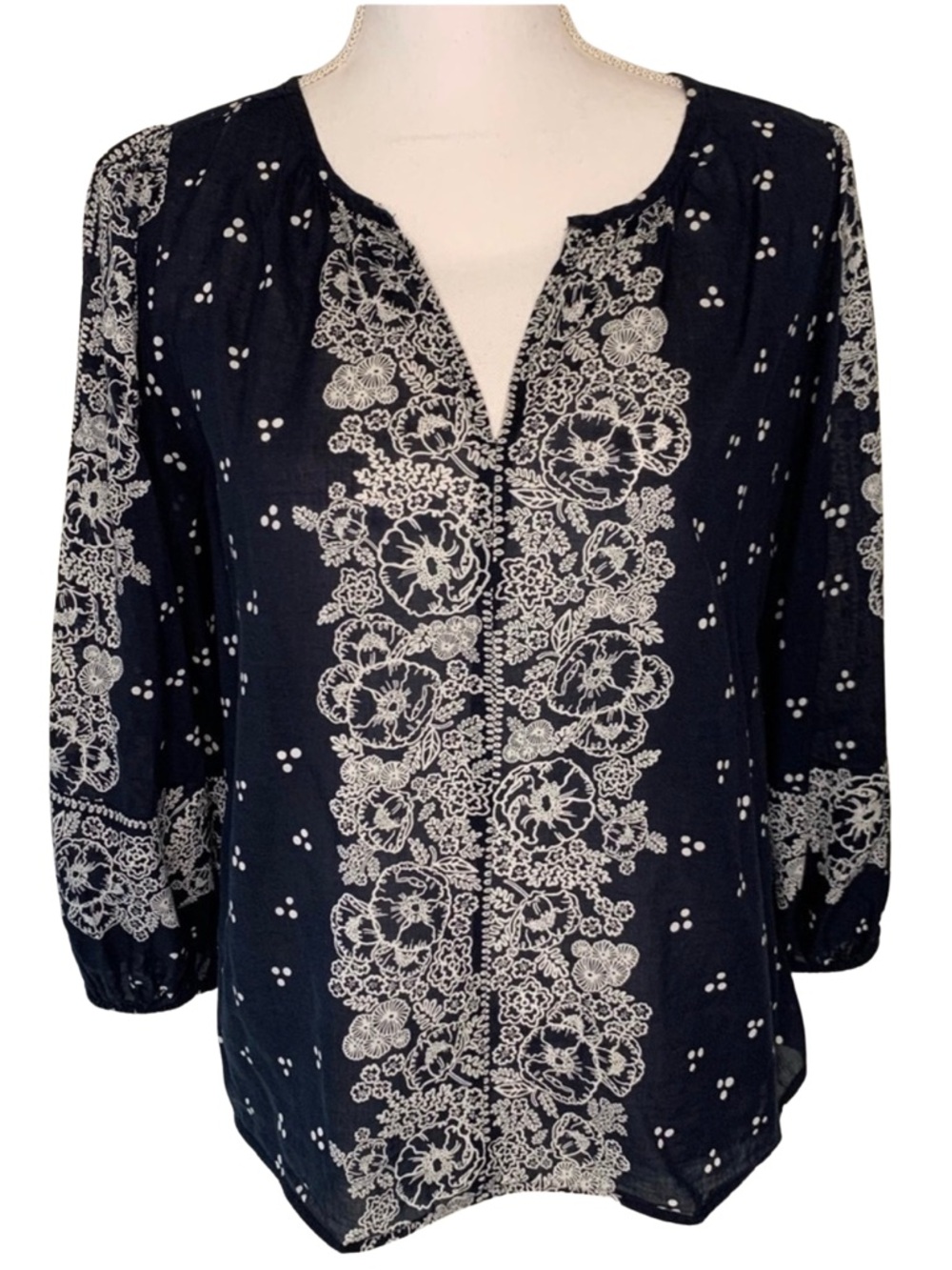 LOFT Floral Navy Blue White Cotton Lyocell‎ Top Women Small